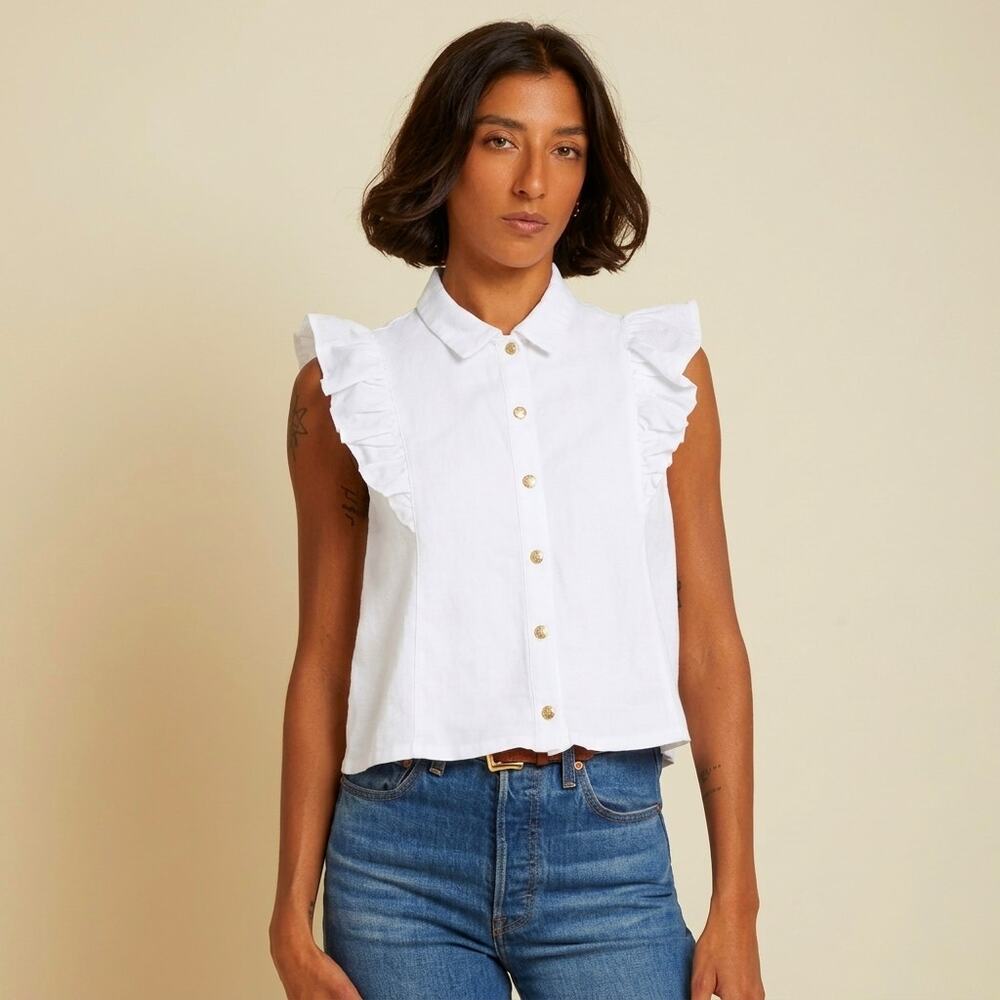 Nation LTD Sleeveless Blouse Tank Top Archer Ruffled Snap Front White Size XS